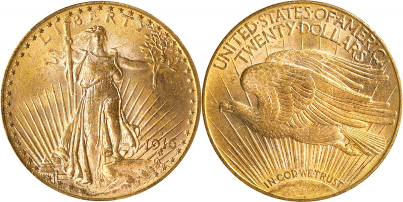 1916-S Saint-Gaudens Double Eagle. MS-65 (PCGS).
A pretty pinkish-honey Gem wit...