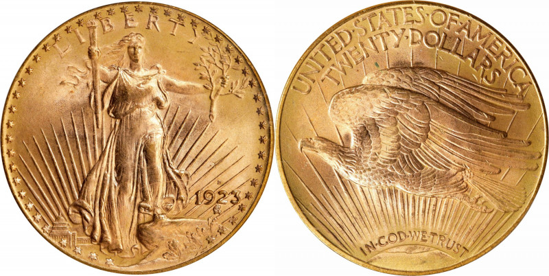 1923-D Saint-Gaudens Double Eagle. MS-66 (PCGS).
Frosty deep rose-gold surfaces...