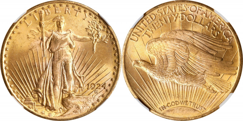 1924 Saint-Gaudens Double Eagle. MS-66 (NGC).
Appealing satiny luster blends wi...