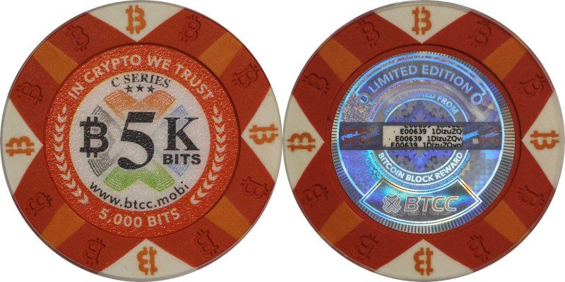 2016 BTCC 5K Bits "Poker Chip" 0.005 Bitcoin (BTC). Loaded. Firstbits 1DizuZQv. ...