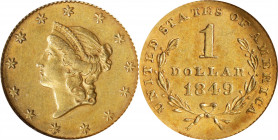 1849 Gold Dollar. Open Wreath, No L. AU-55 (ICG).
PCGS# 7501. NGC ID: 25B9.
From the Robert Forstrom Collection.