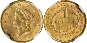 1851 Gold Dollar. MS-63 (NGC).
PCGS# 7513. NGC ID: 25BK.