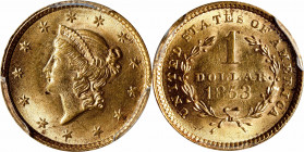 1853 Gold Dollar. MS-64 (PCGS).
PCGS# 7521. NGC ID: 25BU.