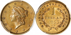 1853 Gold Dollar. AU-58 (PCGS).
PCGS# 7521. NGC ID: 25BU.
