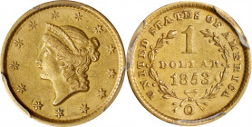 1853-O Gold Dollar. Winter-2. AU-55 (PCGS).
PCGS# 7524. NGC ID: 25BX.
From the Robert Forstrom Collection.