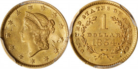 1854 Gold Dollar. Type I. AU Details--Bent (PCGS).
PCGS# 7525. NGC ID: 25BY.
From the Robert Forstrom Collection.