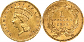 1857 Gold Dollar. AU-55 (PCGS).
PCGS# 7544. NGC ID: 25CD.
From the Robert Forstrom Collection.