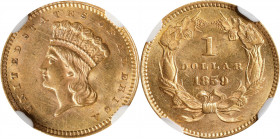 1859 Gold Dollar. MS-62 (NGC).
PCGS# 7551. NGC ID: 25CL.