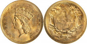 1862 Gold Dollar. MS-63 (PCGS). OGH--First Generation.
PCGS# 7560. NGC ID: 25CW.
