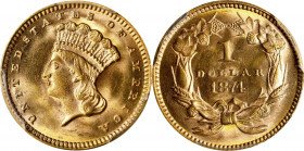 1874 Gold Dollar. MS-64 (PCGS).
PCGS# 7575. NGC ID: 25DC.