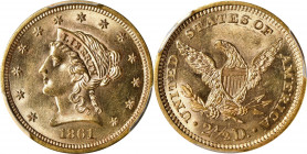 1861 Liberty Head Quarter Eagle. Type II Reverse. MS-62 (PCGS).
PCGS# 7794. NGC ID: 25JV.