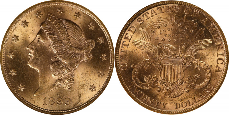 1899 Liberty Head Double Eagle. MS-63 (NGC).
PCGS# 9035. NGC ID: 26CM.