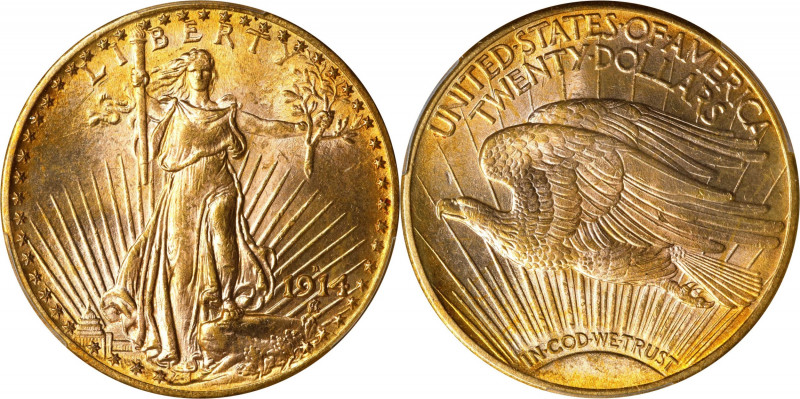 1914-D Saint-Gaudens Double Eagle. MS-63 (PCGS).
PCGS# 9165. NGC ID: 26FT.