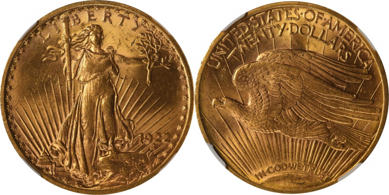 1922 Saint-Gaudens Double Eagle. MS-63 (NGC).
PCGS# 9173. NGC ID: 26G3.