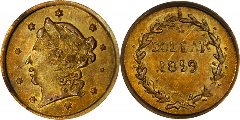 1859 Round 25 Cents. BG-801. Rarity-3. Liberty Head. MS-63 (PCGS).
PCGS# 10662....