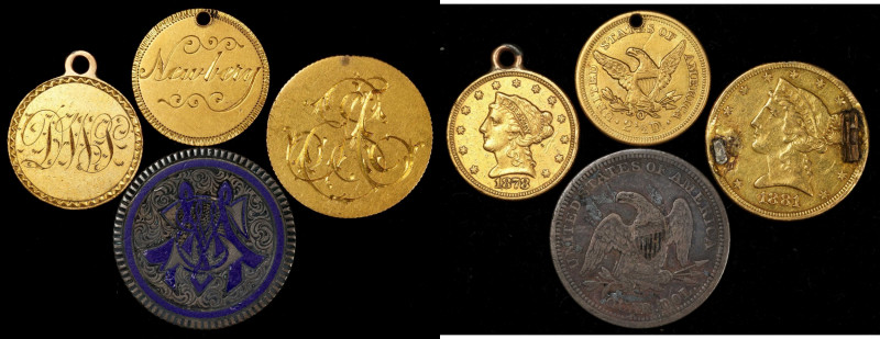 Lot of (4) love tokens on gold and silver coins.
Included are: engraved and blu...