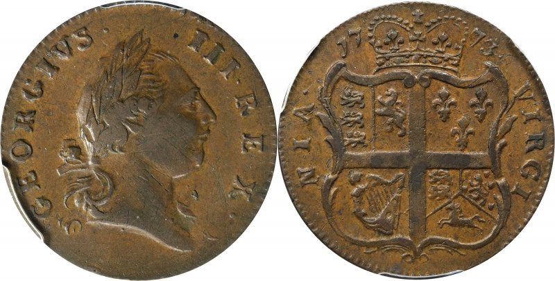 1773 Virginia Halfpenny. Newman 24-K, W-1570. Rarity-1. Period After GEORGIVS, 7...