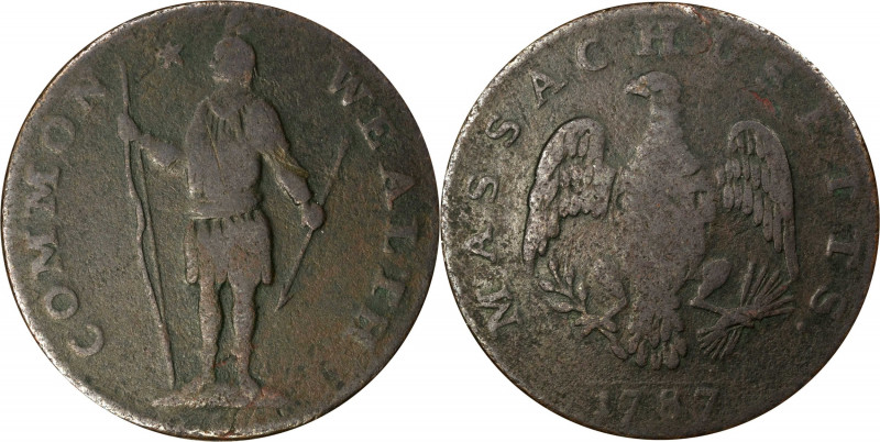 1787 Massachusetts Cent. Ryder 6-G, W-6140. Rarity-3+. Stout Indian, Arrows In L...