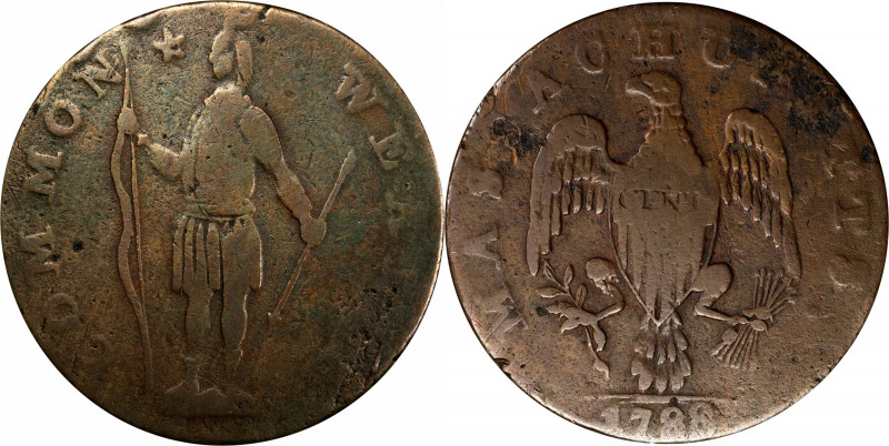 1788 Massachusetts Cent. Ryder 3-E, W-6220. Rarity-4. Slim Indian, Period After ...