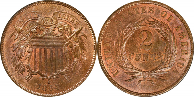 1864 Two-Cent Piece. Large Motto. MS-64 RB (NGC). OH.
PCGS# 3577. NGC ID: 22N9.