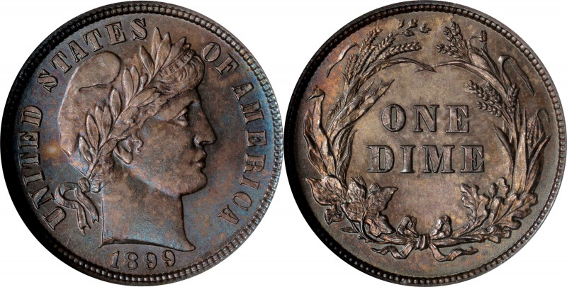 1899 Barber Dime. MS-64 (NGC).
PCGS# 4818. NGC ID: 23E9.