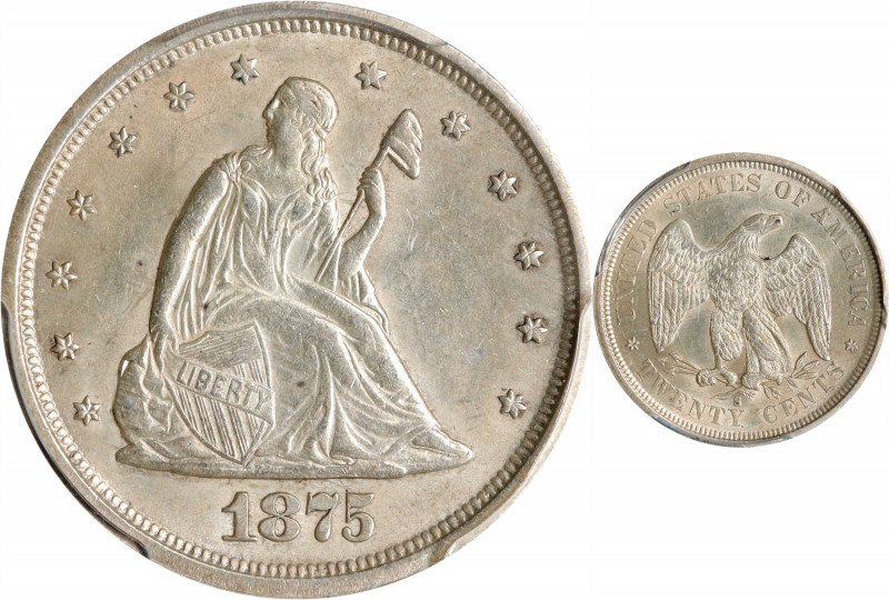 1875-S Twenty-Cent Piece. BF-16, FS-302. Rarity-1. Misplaced Date, Repunched Min...