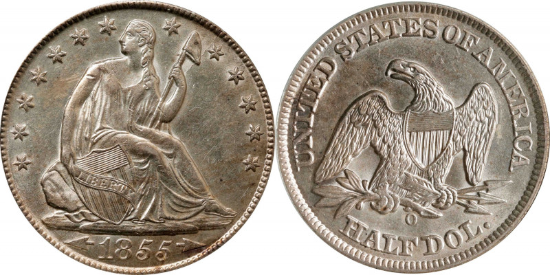 1855-O Liberty Seated Half Dollar. Arrows. WB-5. Rarity-3. AU-50 (PCGS). OGH.
P...