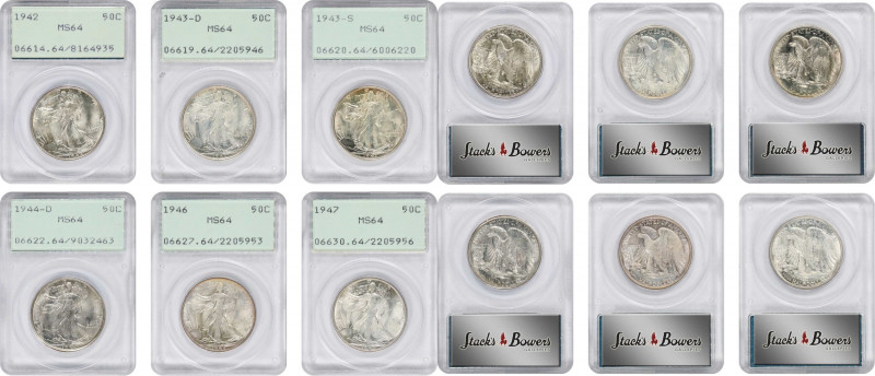 Lot of (6) Late Date Walking Liberty Half Dollars. MS-64 (PCGS). OGH--First Gene...