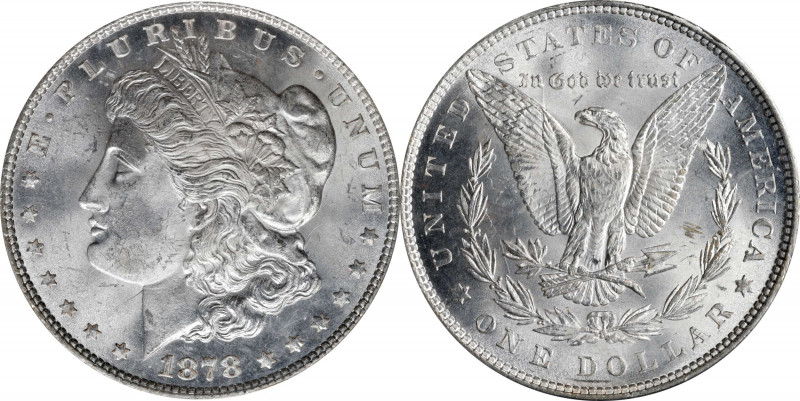 1878 Morgan Silver Dollar. 7 Tailfeathers. Reverse of 1879. MS-64 (PCGS). OGH.
...