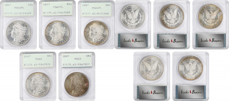 Lot of (5) Mint State 1887 Morgan Silver Dollars. (PCGS). OGH--First Generation....