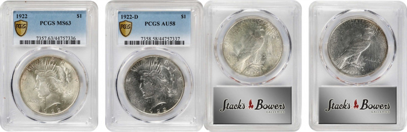 Lot of (2) 1922-Dated Peace Silver Dollars. (PCGS).
Included are: 1922 MS-63; a...