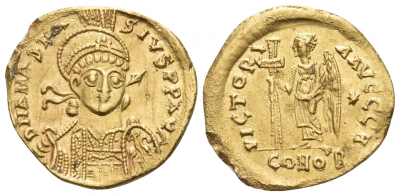 Anastasius I, 491-518. Solidus (Gold, 19 mm, 4.00 g, 7 h), Constantinople, 8th o...