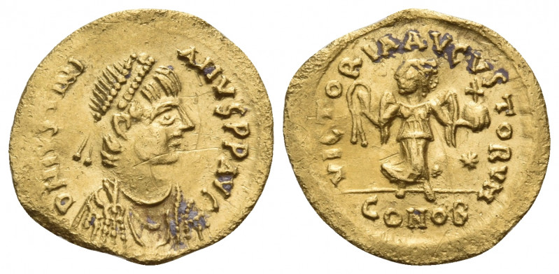 Justinian I, 527-565. Tremissis (Gold, 16 mm, 1.41 g, 6 h), Constantinople. D N ...