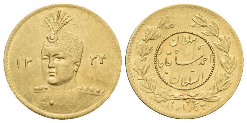 IRAN, Qajars. Ahmad Shah, AH 1327-1344 / AD 1909-1925. 1/2 Toman (Gold, 16.5 mm,...