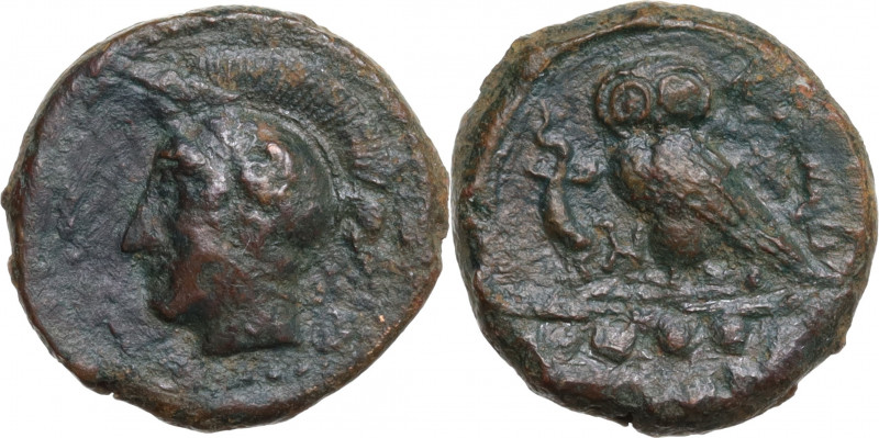Sicily, Kamarina, c. 410-405 BC. Æ Tetras (15mm, 3.30g). Good Fine - near VF