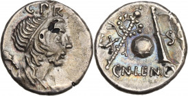 Cn. Lentulus, Spanish(?) mint, 76-75 BC. AR Denarius (18mm, 3.20g). Near VF