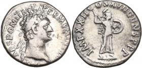 Domitian (81-96). AR Denarius (18mm, 3.40g). Rome - R/ Minerva. Good Fine - near VF