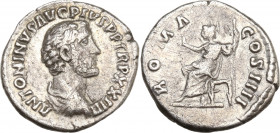 Antoninus Pius (138-161). AR Denarius (17.5mm, 3.20g). Rome - R/ Roma seated. Good Fine