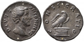 Divus Antoninus Pius (died AD 161). AR Denarius (19mm, 3.44g). Rome - R/ Eagle. Holed, otherwise near VF