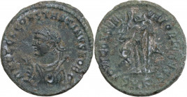 Constantine II (Caesar, 316-337). Æ Follis (18mm, 2.60g). Cyzicus - R/ Jupiter. Good Fine