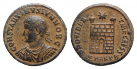 Constantine II (Caesar, 316-337). Æ Follis (19mm, 3.11g, 5h). Antioch - R/ Camp-gate. VF