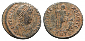 Theodosius I (379-395). Æ (22mm, 5.79g, 11h). Antioch - R/ Emperor with captive. Good Fine - near VF