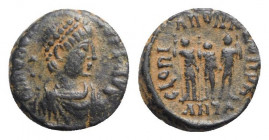 Arcadius ? (383-408). Æ (13mm, 1.66g, 11h). Antioch - R/ Three emperors. Near VF