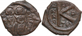 Justin II and Sophia (565-578). Æ 20 Nummi (21mm, 5.10g). Thessalonica. Good Fine