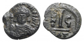 Maurice Tiberius (582-602). Æ 10 Nummi (15mm, 2.24g, 6h). Catania, year 6. Dark patina, near VF