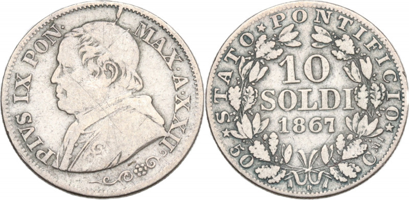 Italy, Papal States. Rome, Pio IX (1846-1878). 10 Soldi 1867 (18mm, 2.40g). Good...