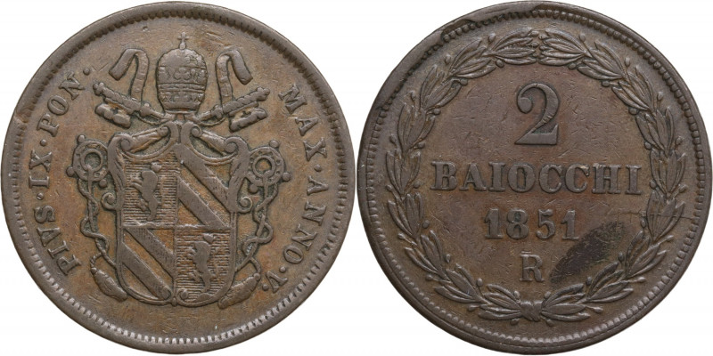 Italy, Papal States. Rome, Pio IX (1846-1878). Æ 2 Baiocchi 1851 (34.5mm, 18.80g...