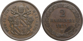 Italy, Papal States. Rome, Pio IX (1846-1878). Æ 2 Baiocchi 1851 (34.5mm, 18.80g). VF