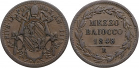 Italy, Papal States. Rome, Pio IX (1846-1878). Æ Mezzo Baiocco 1848 (23.5mm, 4.80g). VF