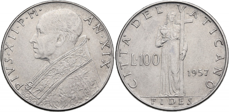 Italy, Papal, Vatican City. Pio XII (1939-1958). 100 Lire 1957 (27.5mm, 8.10g). ...